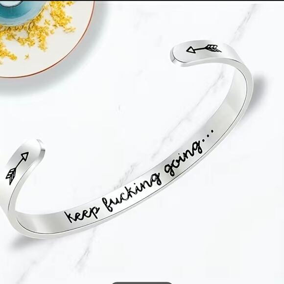 Stainless Steel C Shaped Inspiration Cuff Bangle Bracelet Keep Going - Picture 2 of 4